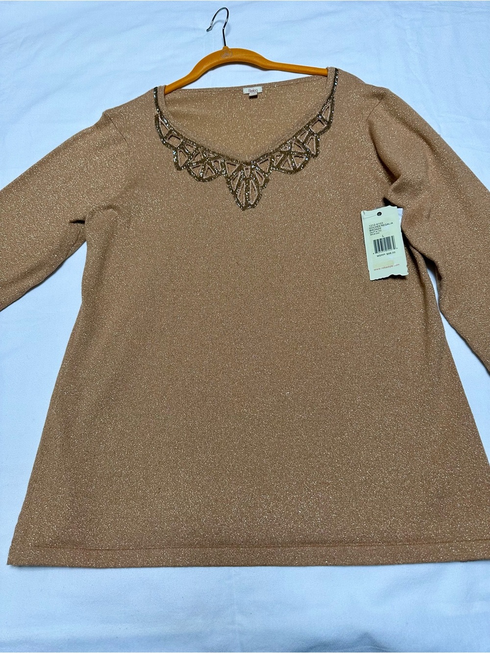 Reba Golden Regalia Bronze Embellished Long Sleeve Shimmer Top - Large